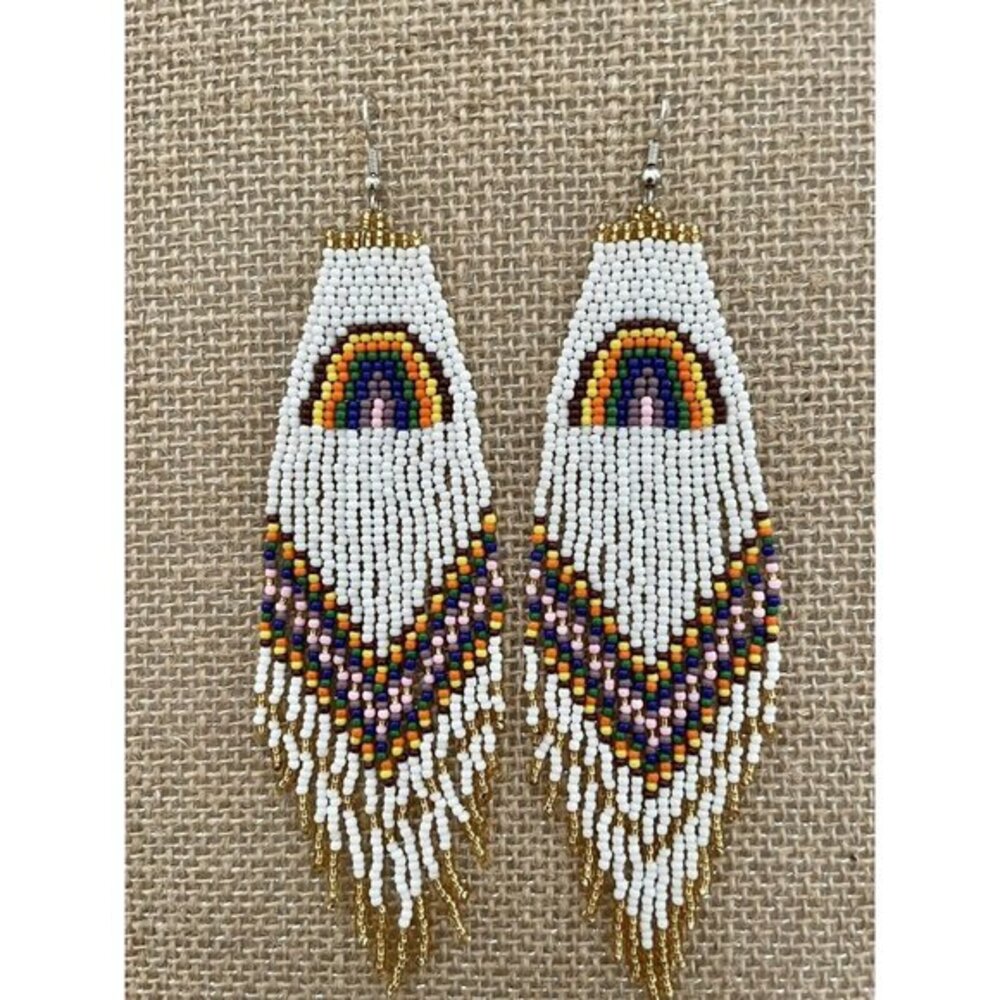 Handmade Miyuki Seed-Bead Fringe Dangling Earrings Rainbow White Multi NWT